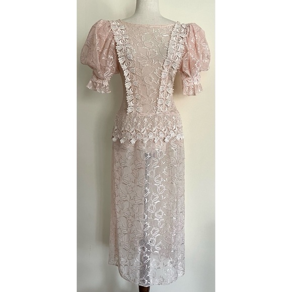Vintage 80s 90s Glenda Sheer Lace Dress Puff Sleeve Peach Pink Princess Size 4 - Picture 2 of 8